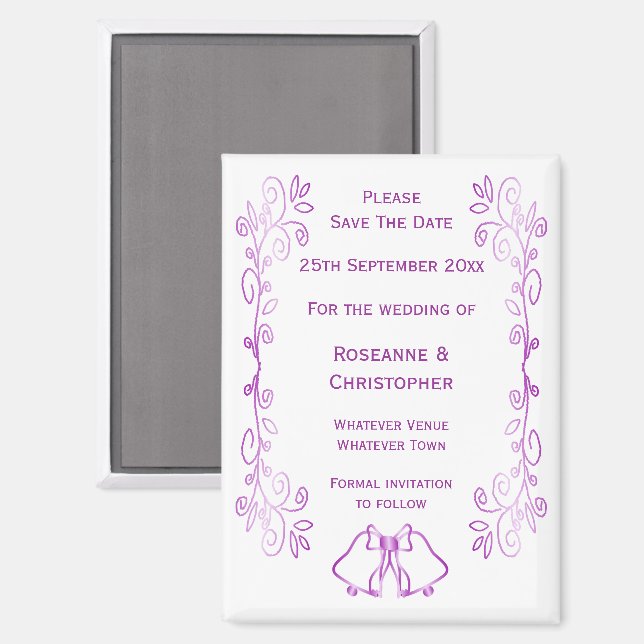 Imán Purple Bells Scroll Design Wedding Guardar La Fech (Anverso/Reverso)