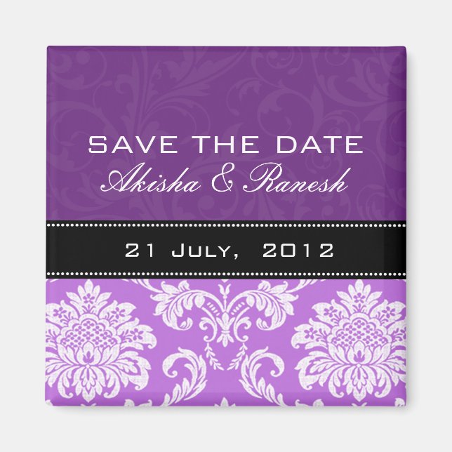 Imán Purple Damask Save the Date Magnet (Frente)