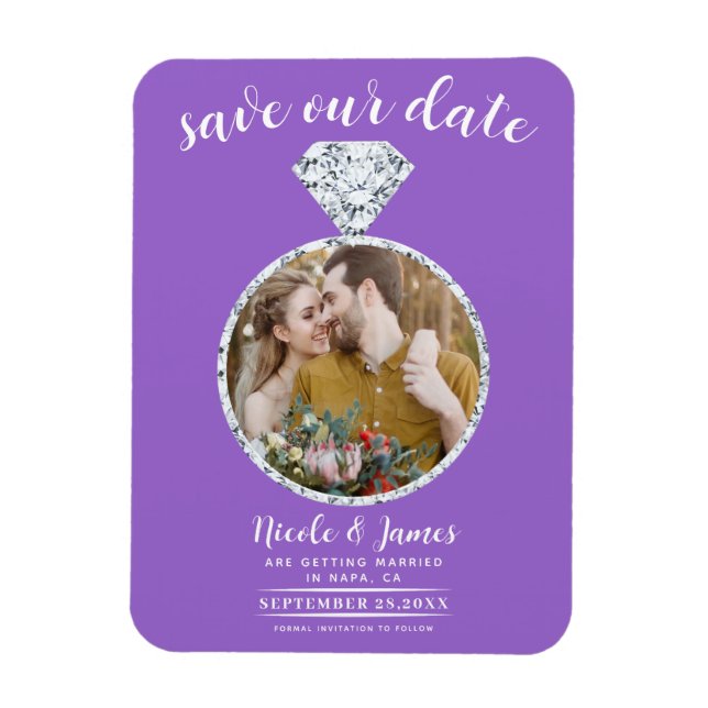 Imán Purple Diamond Ring Bling Photo Save the Date (Vertical)