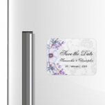 Imán Purple Floral Berry Wreath Wedding Save the Date<br><div class="desc">A very charming purple floral and pale grey damask Save the Date magnet for the fridge (or for wherever else you'd like). It features a beautiful wreath of purple berries and flowers on the left hand edge, with a very elegant damask pattern in the background with flourishes, swirls and very...</div>