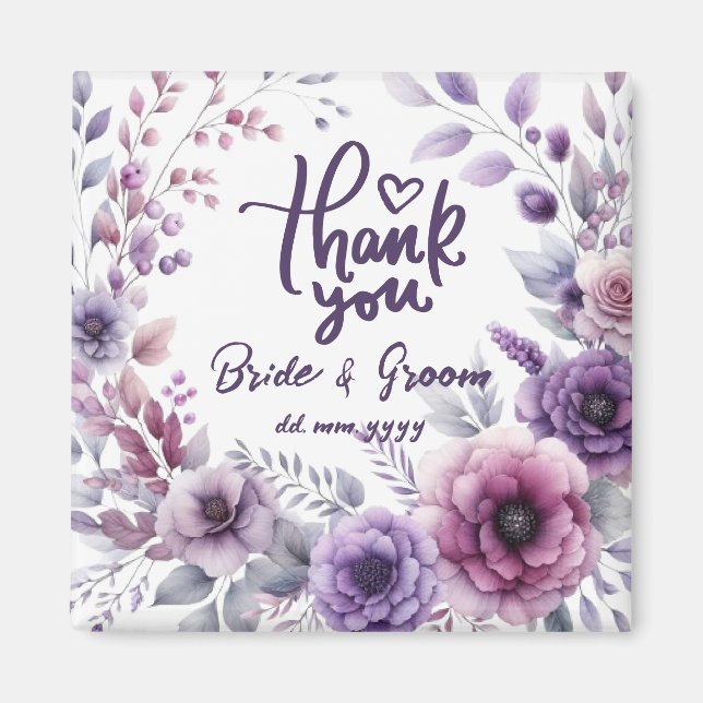 Imán Purple Floral Frame Thank You Wedding Favors (Frente)