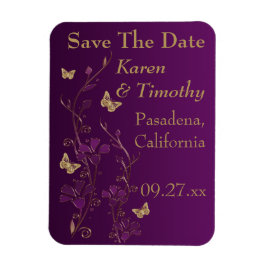 Imán Purple, Gold Butterfly Floral Save The Date Magnet
