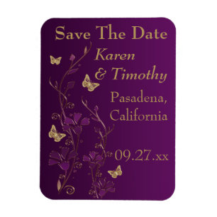 Imán Purple, Gold Butterfly Floral Save The Date Magnet