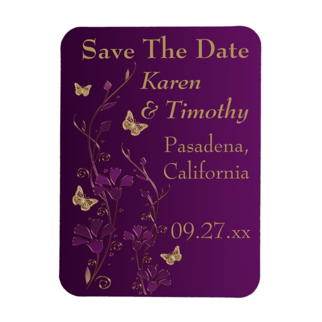 Imán Purple, Gold Butterfly Floral Save The Date Magnet (Vertical)