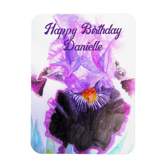 Imán Purple Iris Watercolor Flower Floral Birthday (Vertical)
