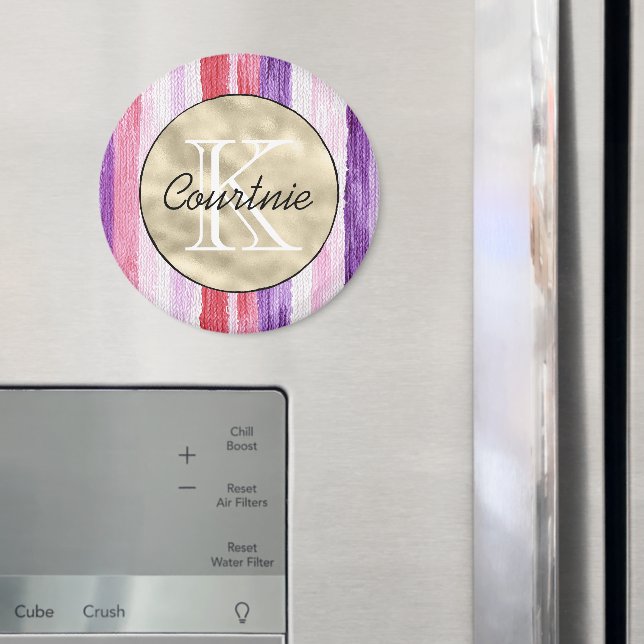Imán Purple Pink Blush Red Stripes Gold Monogram      (In situ (nevera))