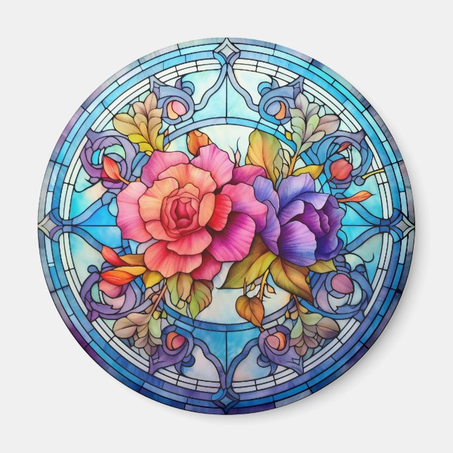 Imán Purple & Pink Rose Floral Faux Stained-Glass (Frente)