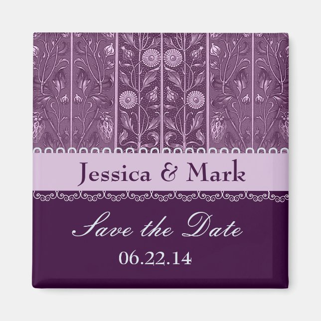 Imán Purple Plum Damask Save Date Boda Magnet (Frente)
