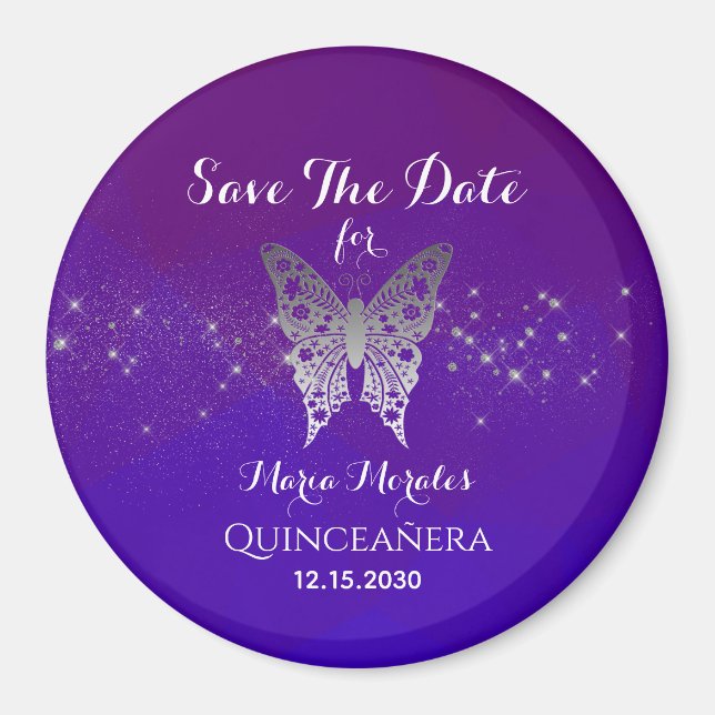 Imán Purple Quinceanera Guardar La Invitación De Fecha (Frente)