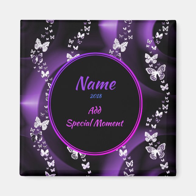 Imán Púrpura mariposa giratoria, añadir nombre y fecha (Frente)