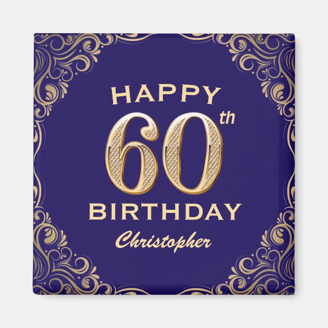 Imán purpurina azul y oro de la Marina de los 60 Años (Frente)