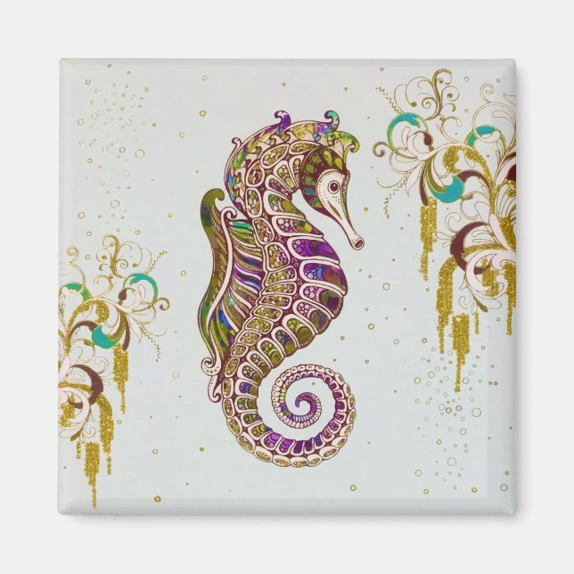 Imán Purpurina de caballitos de mar con arco iris de ve (Frente)