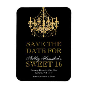 Imán Purpurina de oro Chandelier Sweet 16 Save the Date