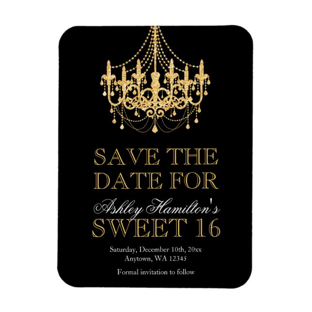 Imán Purpurina de oro Chandelier Sweet 16 Save the Date (Vertical)