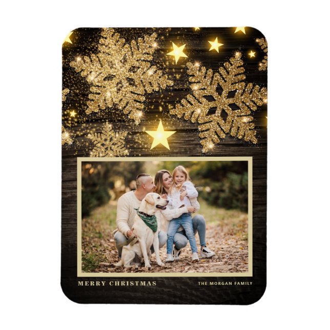 Imán Purpurina de oro de Faux Wood Snowflakes Photo Nav (Vertical)