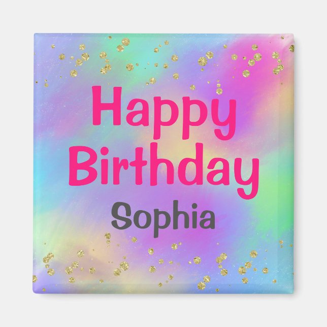 Imán Purpurina de oro de Unicornio, el cumpleaños feliz (Frente)