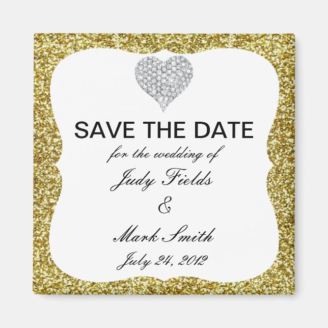 Imán Purpurina De Oro Diamond Heart Save The Date Magne (Frente)
