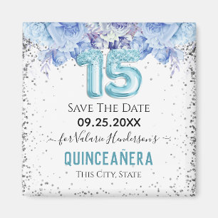 Imán Purpurina floral Azul Quinceañera Guardar la fech