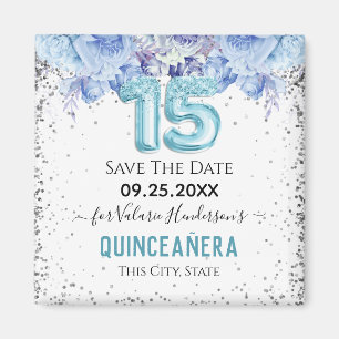 Imán Purpurina floral Azul Quinceañera Guardar la fecha