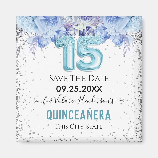 Imán Purpurina floral Azul Quinceañera Guardar la fecha (Frente)