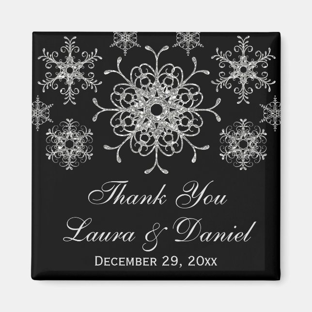 Imán Purpurina negro Snowflakes Wedding Favor Magnet (Frente)