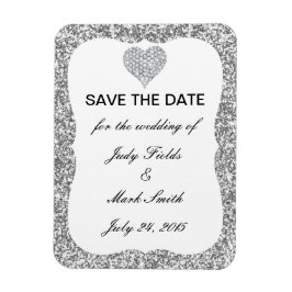 Imán Purpurina Plata Diamond Heart Save The Date Magnet