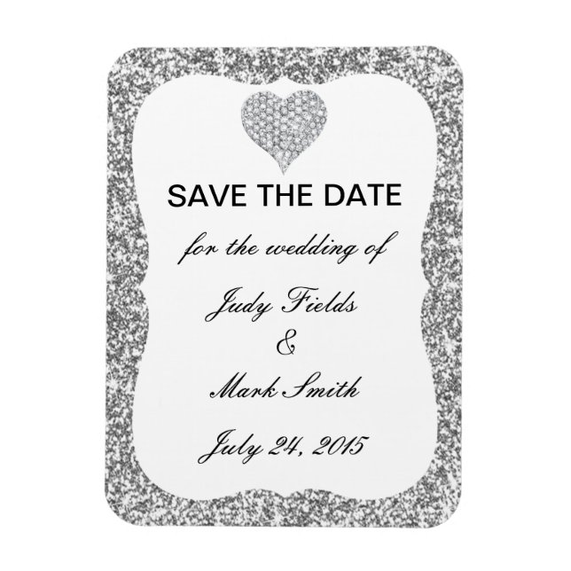 Imán Purpurina Plata Diamond Heart Save The Date Magnet (Vertical)