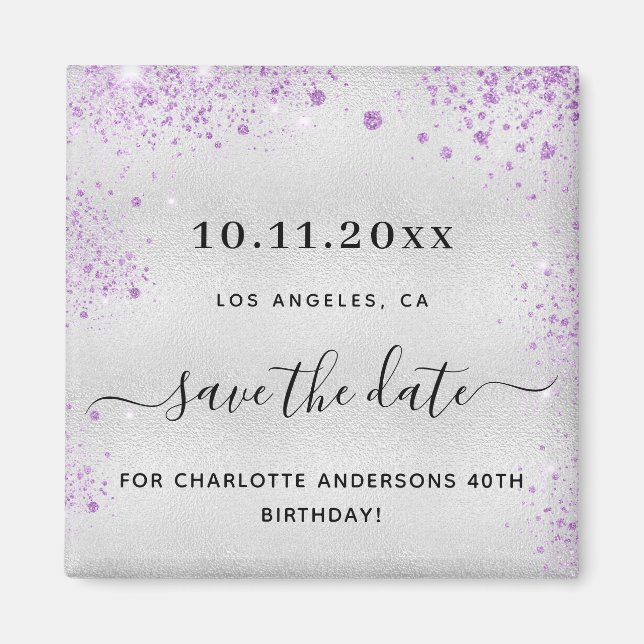 Imán Purpurina púrpura plateado de fiesta de cumpleaños (Frente)