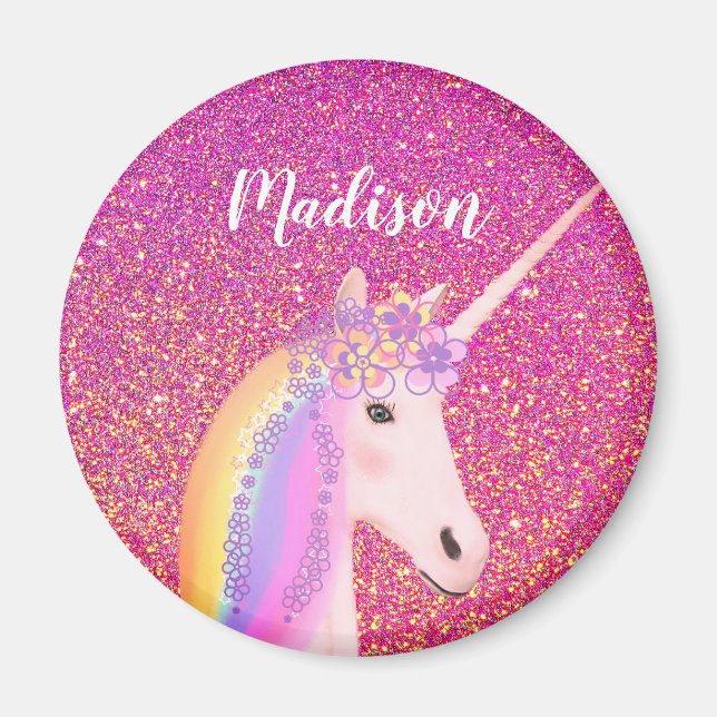 Imán Purpurina Rosa Girly Rainbow Unicorn personalizado (Frente)