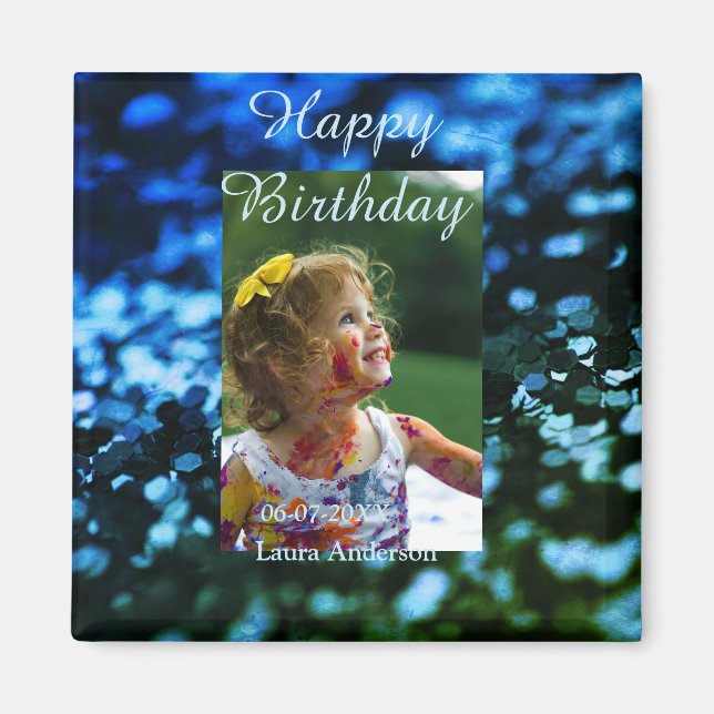 Imán Purpurina verde azul foto niños cumpleaños óxido m (Frente)