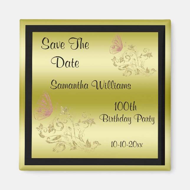 Imán Purpurinas dorados y mariposa espumosa 100 cumplea (Frente)