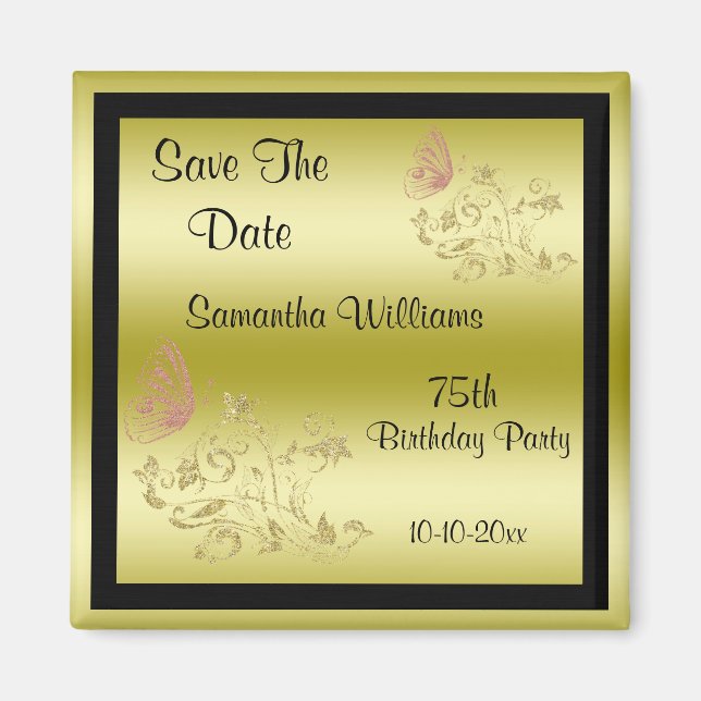 Imán Purpurinas dorados y mariposa espumosa 75º cumplea (Frente)