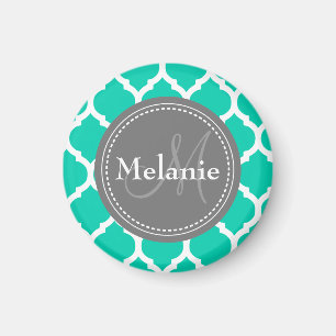Imán Quatrefoil azul y gris monogramado