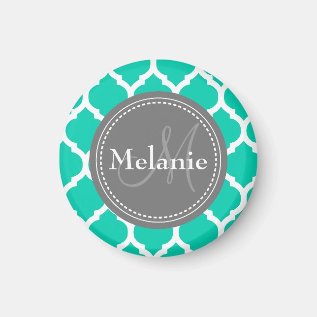 Imán Quatrefoil azul y gris monogramado (Frente)