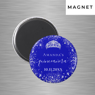 Imán Quinceañera azul real tiara brillo plata nombre
