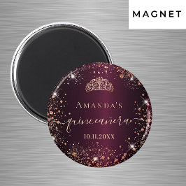 Imán Quinceanera burgundy rosa oro tiara nombre guión