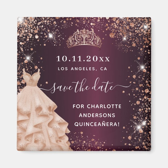 Imán Quinceanera burgundy tiara dress save date (Frente)