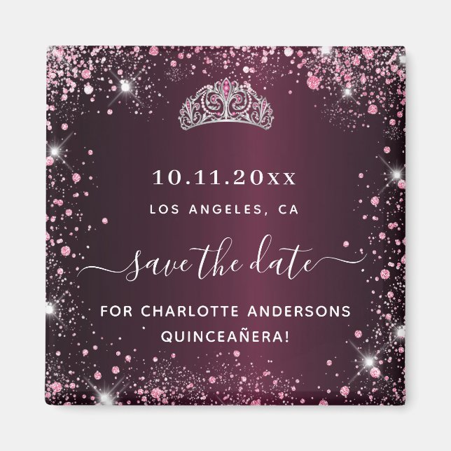 Imán Quinceanera burgundy tiara rosa salva la fecha (Frente)