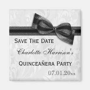 Imán Quinceañera Save The Date de damasco blanco y lazo
