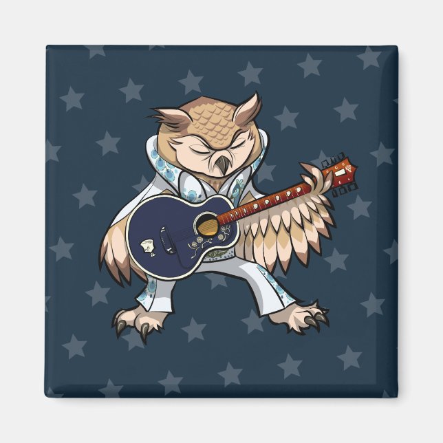 Imán Quirky Owl Rock & Roll Artwork Singer With Guitar (Frente)
