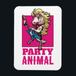 Imán Quirky Unicorn 80s Glam Metal Party Animal Cartoon<br><div class="desc">A quirky unicorn 80s rock guitarist on a flexible magnet. Edit the design to tweak the "PARTY ANIMAL" text and create a unique, customised gift. Featuring my original, alternative artwork of a glam metal unicorn, accessorised to the max with sparkling blue star guitar, zebra print leggings and big jewellery. If...</div>