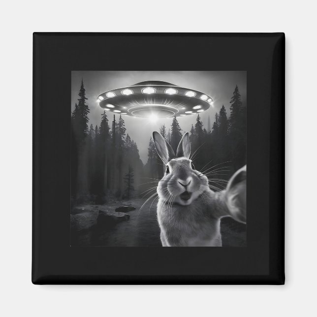 Imán Rabbit Selfie With Ufo - Funny Bunny Graphic Alien (Frente)