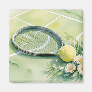 Imán Raca de tenis y acuarela de flores