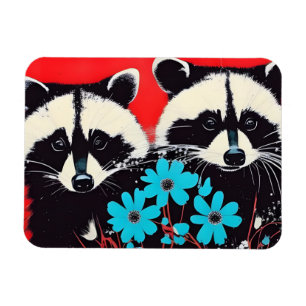 Imán Racconones Adorables Con Flores Azules Fondo Rojo