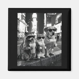 Imán Raccoon Cat Dog Drinking Iced Coffee Funny Animal