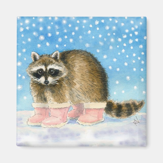Imán Raccoon lindo en botas de nieve rosa (Frente)