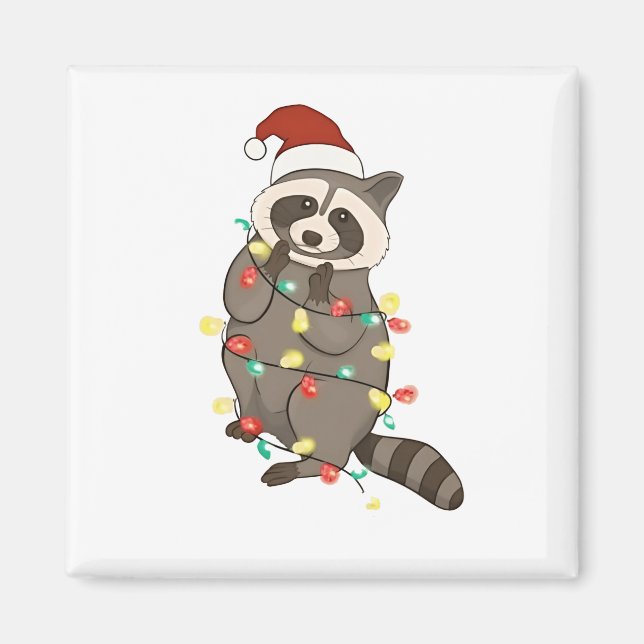 Imán Raccoon Merry Christmas Light Santa Hat Xmas Nieve (Frente)