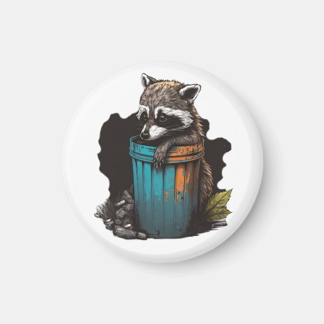 Imán Raccoon trash panda con su cubo de basura (Frente)