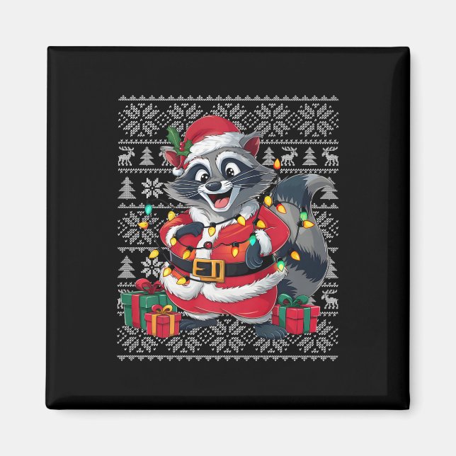 Imán Raccoon Xmas Sweater Style Ugly Santa Raccoon (Frente)
