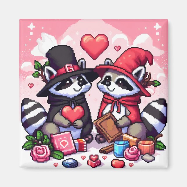 Imán Raccoons en arte de píxeles de amor (Frente)
